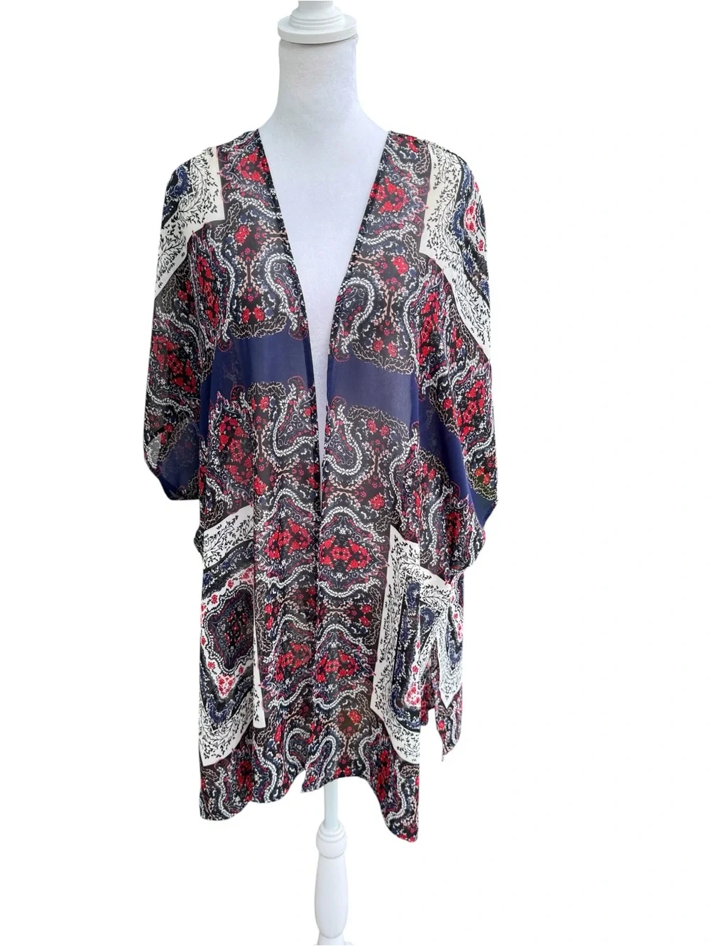 Maurice’s Boho Paisley Open Front Kimono Navy Red & Cream Layering Romantic L/XL
